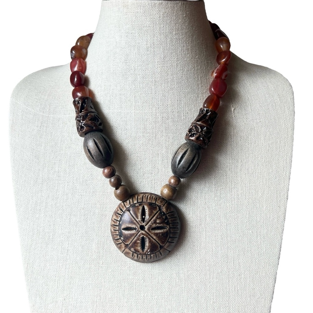 Banded Agate Beaded Necklace with Carved Wood and Resin Beads